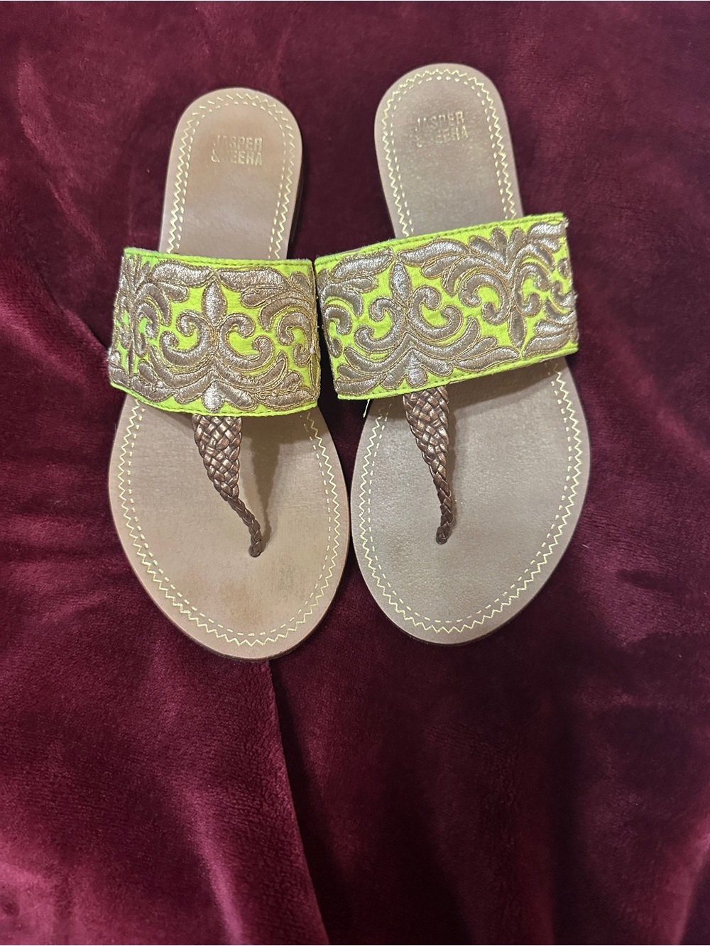 Embroidered Lime Green & Brown Slide Sandals with Braided Toe